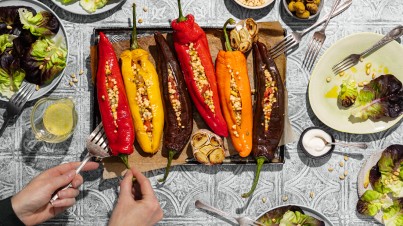 Roasted Sweet Palermo capsicum filled with Moroccan couscous, with yoghurt and a side of butter lettuce salad