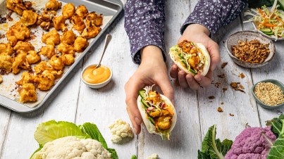 Bao Buns with Korean-style cauliflower and Asian slaw