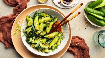 Smashed crunchy cucumber salad with mint and Asian-style dressing