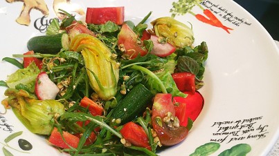 Ensalada de germinados de trigo sarraceno y flores de calabacín