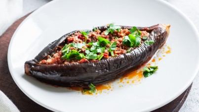 Roasted eggplant stuffed with tuna ratatouille