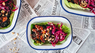 Sticky eggplant in lettuce wraps