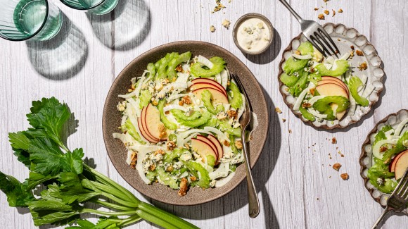 Celery, fennel and red apple salad with a creamy blue cheese dressing and walnuts