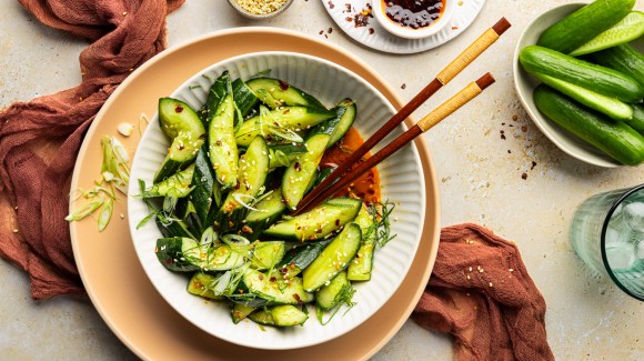 Smashed crunchy cucumber salad with mint and Asian-style dressing