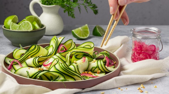 Vietnamese shaved zucchini salad with pickled red onion and toasted peanuts